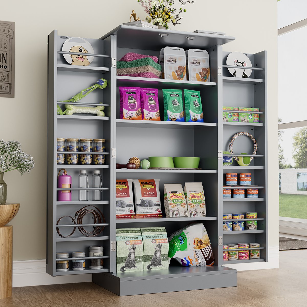 Saudism Freestanding Double Doors & Gold Handles Dog Food Storage Cabinet, 47-in, Beige