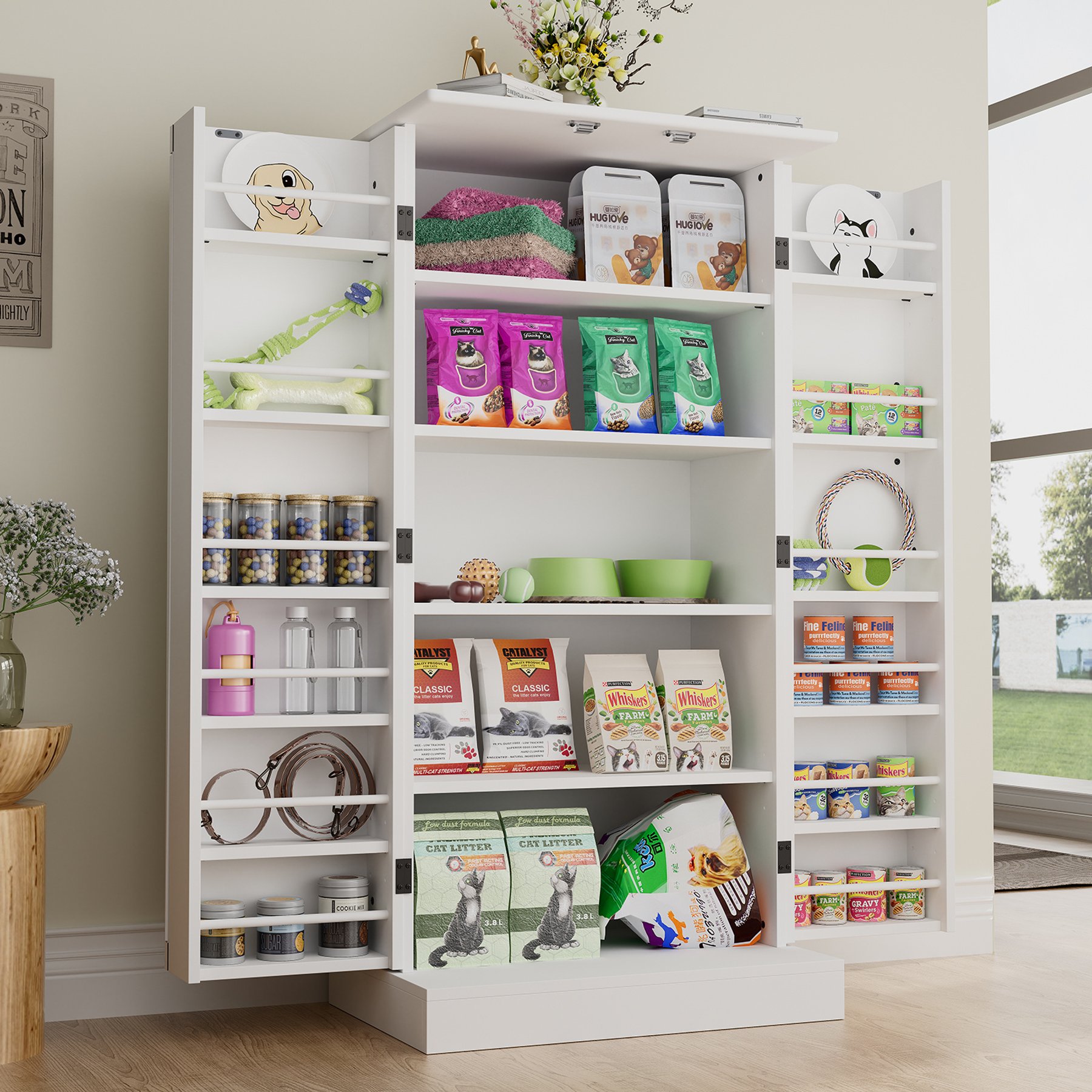 Saudism Freestanding Double Doors & Gold Handles Dog Food Storage Cabinet, 47-in, White