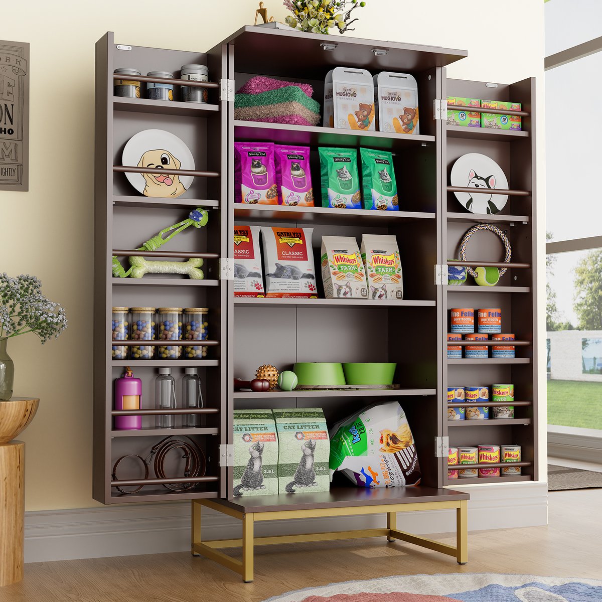 Saudism Freestanding Double Doors & Metal Base Dog Food Storage Cabinet, 51-in, Beige