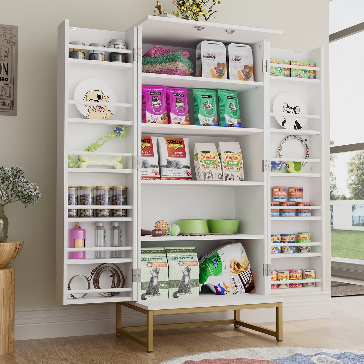 Saudism Freestanding Double Doors & Metal Base Dog Food Storage Cabinet, 51-in, White