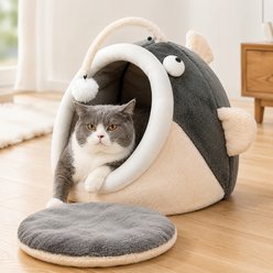 NonoPets Fish-Shaped Covered Cat House Bed, Soft Beige/Brown Pastel, Medium