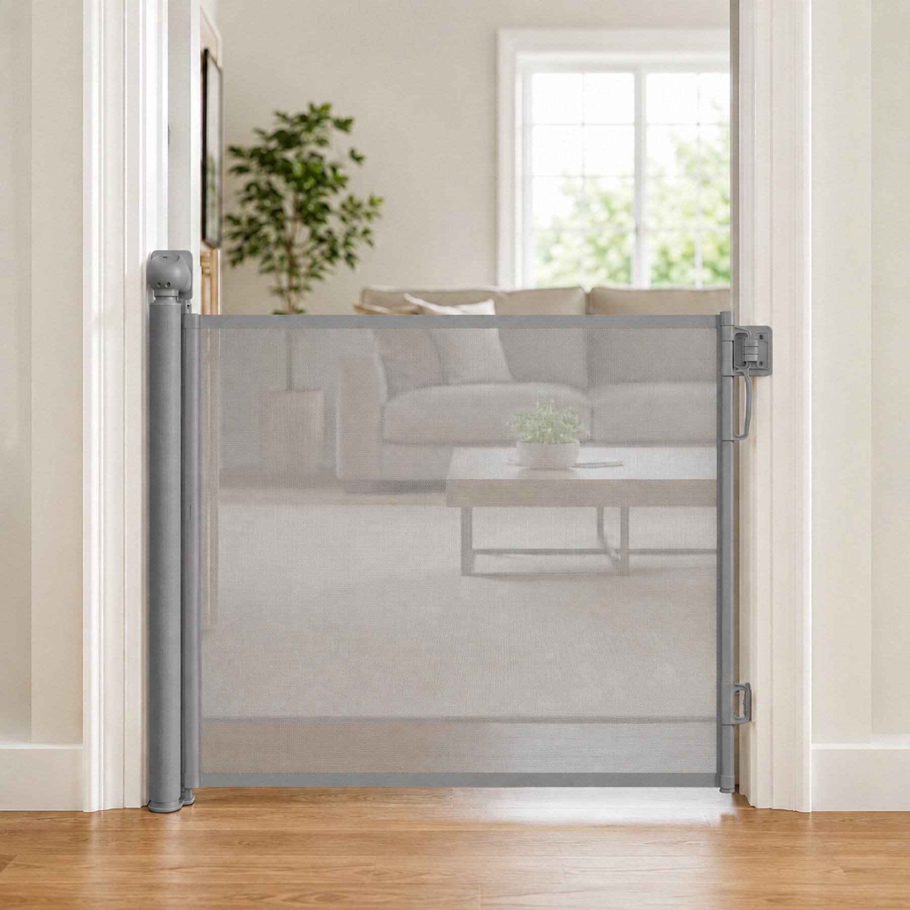 NonoPets Retractable Adjustable Mesh Dog Gate, Gray, 55-in width
