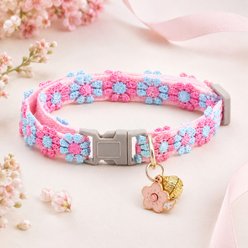 NonoPets Embroidered Floral Dog & Cat Collar with Safety Buckle & Bell, 11.8-in neck, 1/2-in wide