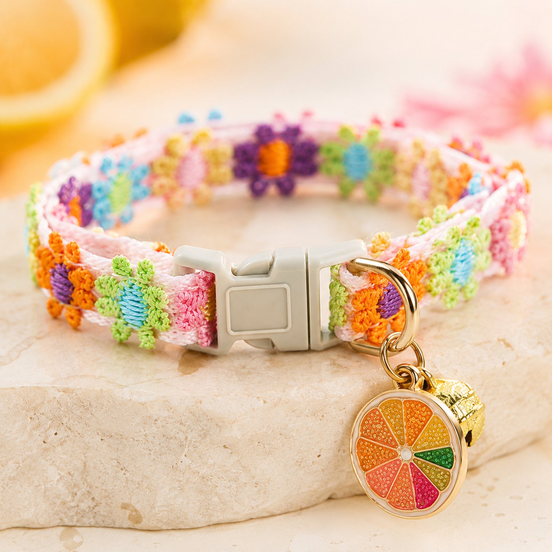 NonoPets Embroidered Floral Orange Dog & Cat Collar with Safety Buckle & Bell, 11.8-in neck, 1/2-in wide