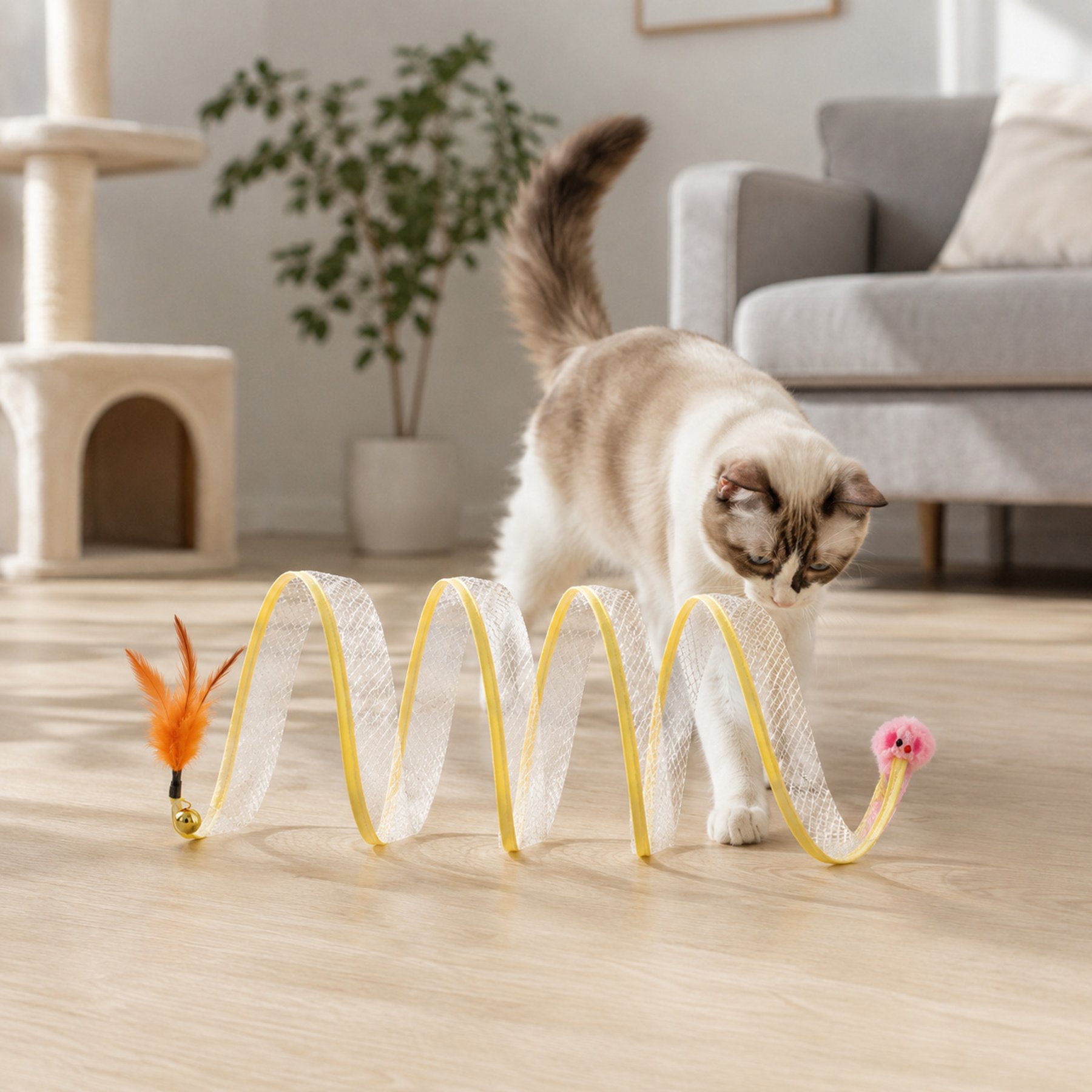 NonoPets Flexible S-Spring Mesh Exercise Tunnel Cat Toy with Interactive Teasers, Pink/Orange