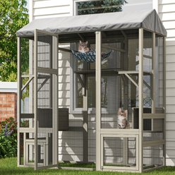 TIMHAKA Outdoor Catio with Window Acess, Hammock, 7 Platforms & 2 Resting Box Wood Cage with Waterproof Cover Cat House, Grey, 63 x 31.5 x 71-in