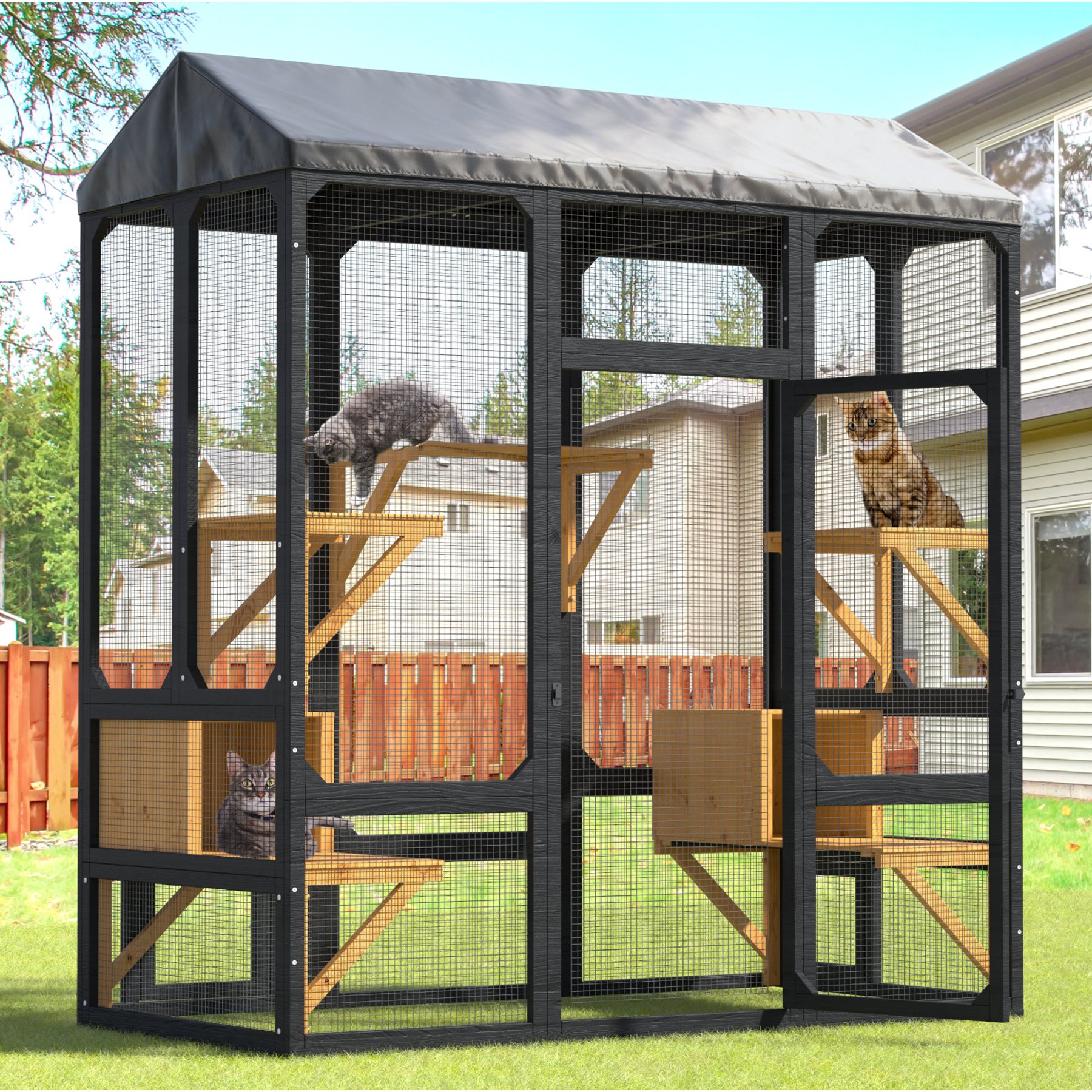 TIMHAKA 7 Platform & 2 Resting Box, Waterproof Roof Catio Outdoor Enclosure Cage Cat House, Black, Large: 63 x 31.5 x 73-in