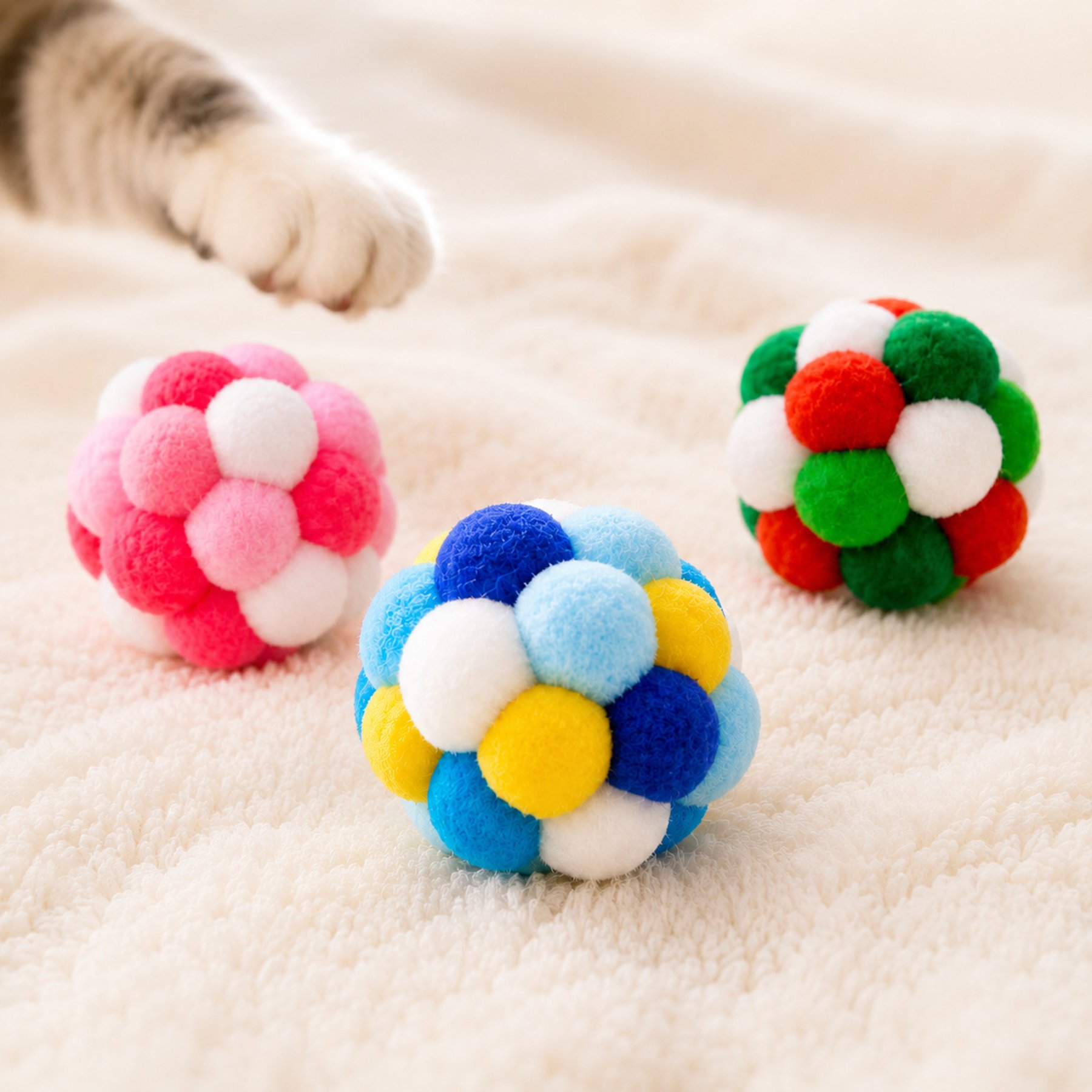 Purr Harbor Pom Pom Balls with Bells Exercise Plush Cat Toy, 3 count