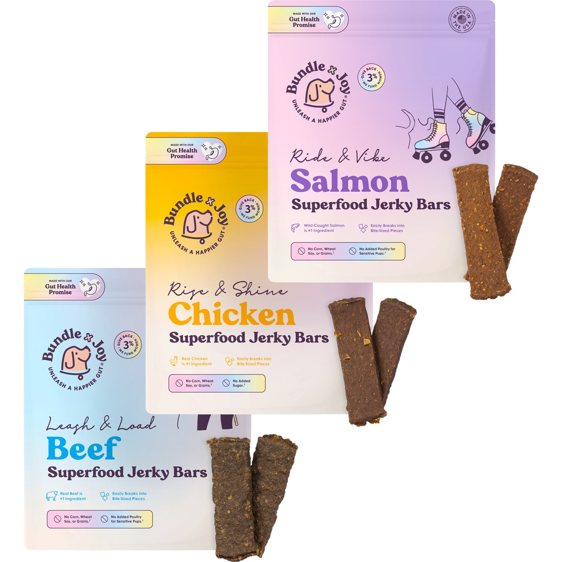 Bundle x Joy Grain-Free Superfood Bars Jerky Dog Treat Variety Pack: Rise & Shine Chicken, Ride & Vibe Salmon, Leash & Load Beef, 15-oz bundle