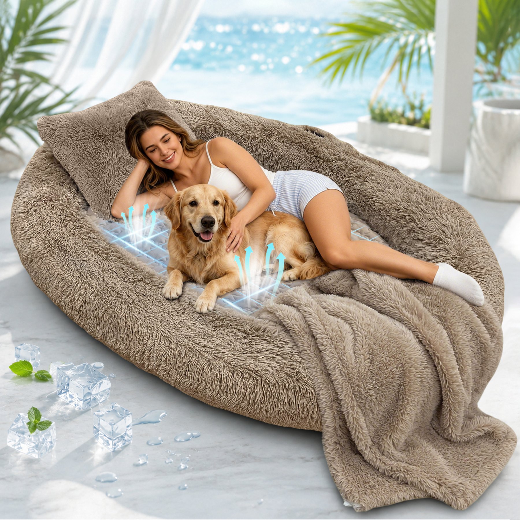 LovMor Extra Large Cooling Dog Bed with Mat, Khaki, 71 x 45-in