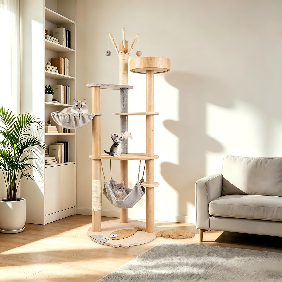 Decflow 58-in Cat Tower with Sisal-Covered Scratching Post, Multi-Level Cat Tower for Indoor Cats, Beige