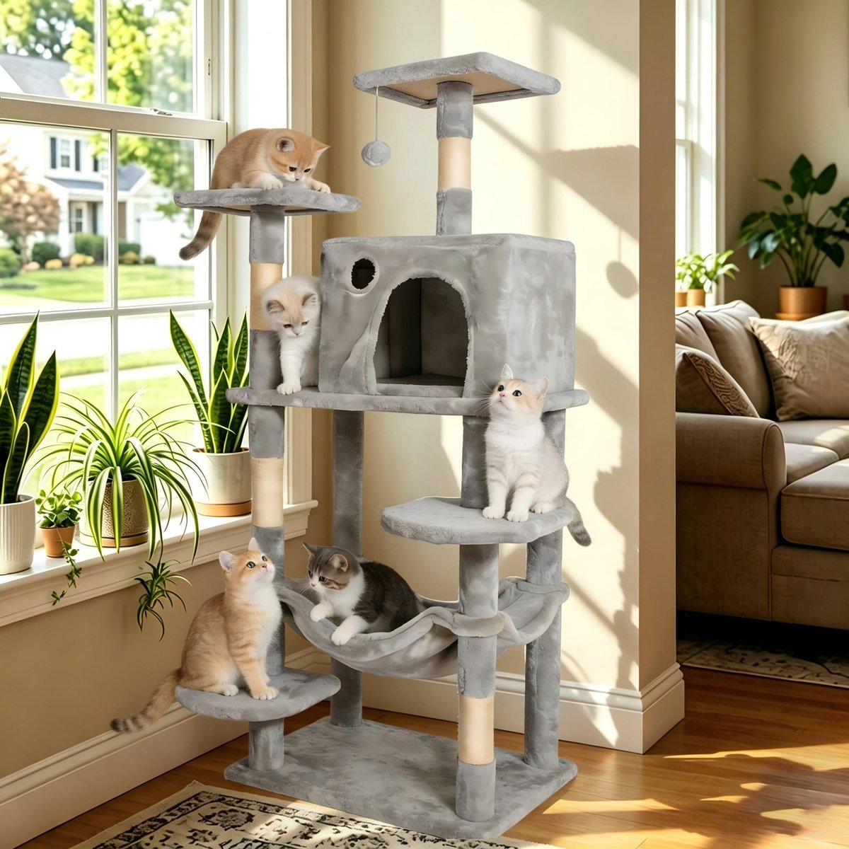 Decflow Cat Scratcher Multi-Level Cat Tree with Scratching Post, Grey, Large