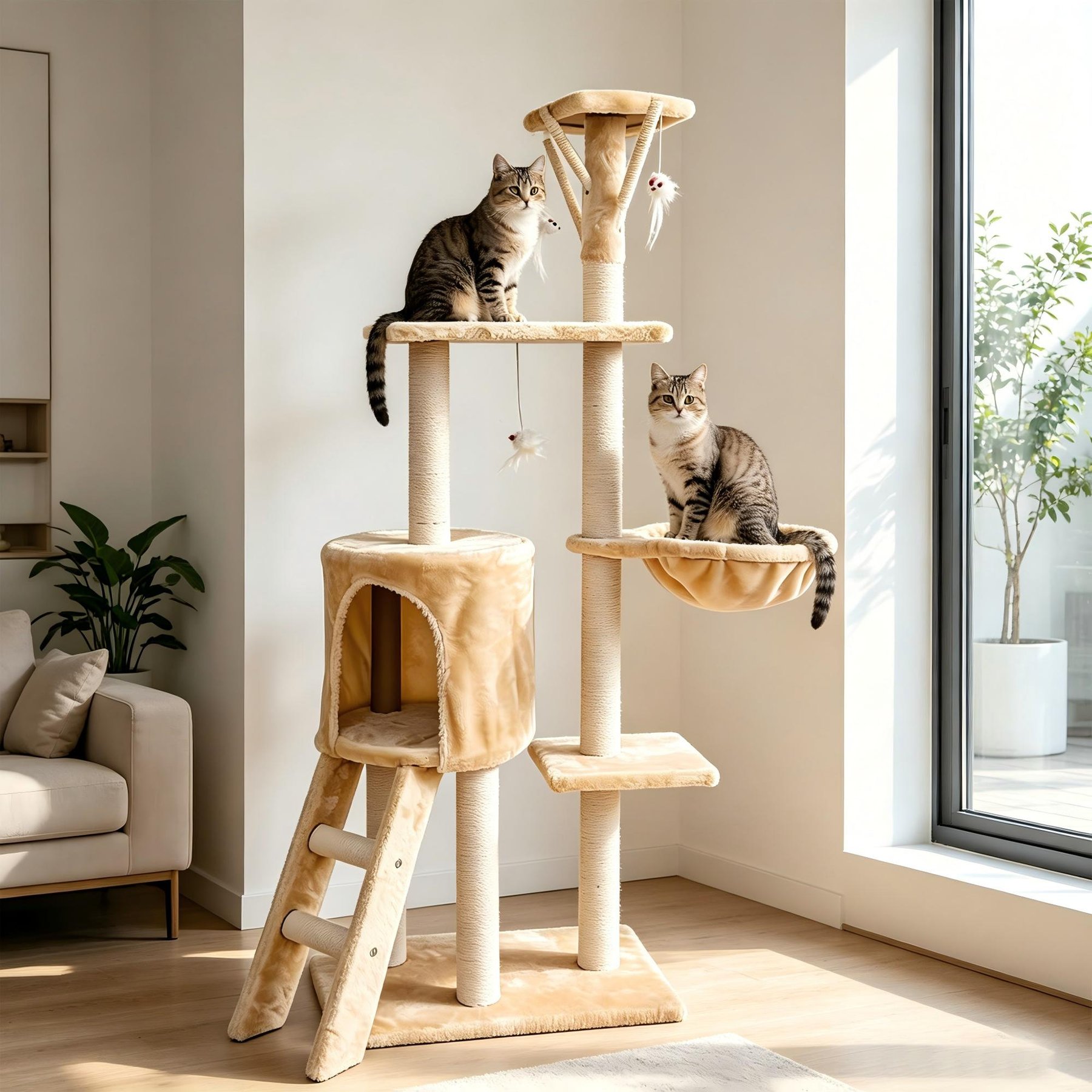 Decflow 31.5-in Shelf Multi-Layer Cat Tree Activity Center with Platform & Hammock, Plush Playhouse for Cats, Beige