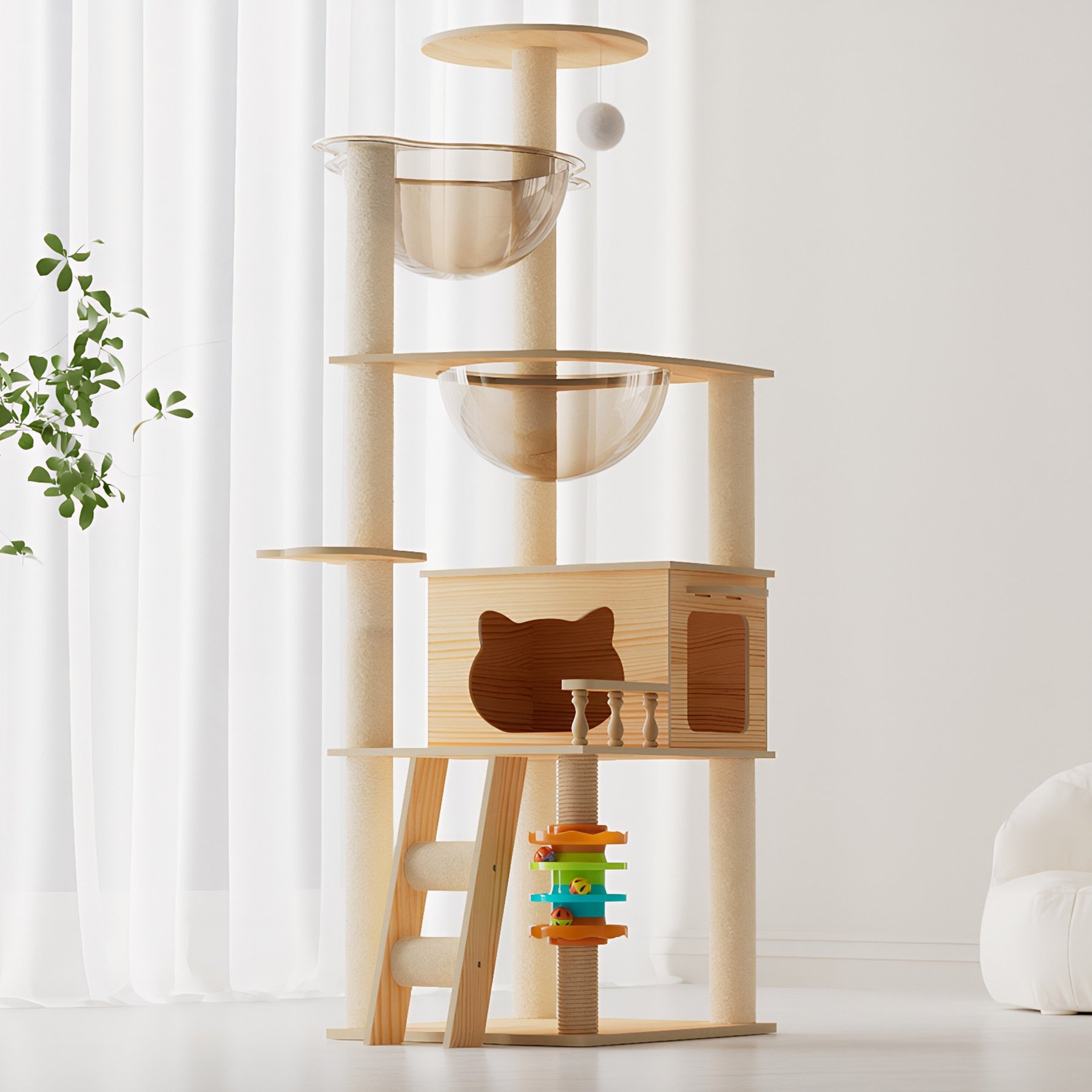 W-Jopns 59-in Modern Wooden Sisal Posts Cat Tree