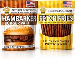 American Pet Food Fetch Fries & Hambarker Combo Beef & Sweet Potato Burger Patties & Chicken & Sweet Potato Jerky Sticks Dog Treats, 10-oz bag