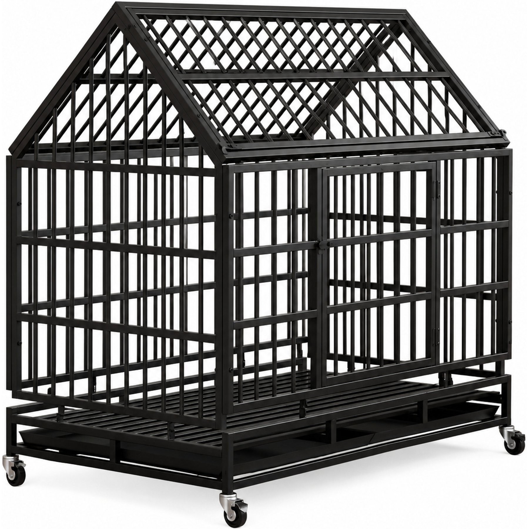Yafylly Heavy Duty Folding Metal Dog Crate with Wheels, Black, Large: 48-in