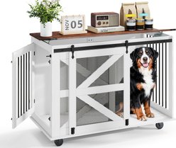 Yafylly Wooden Flip-Top Feeding Door Dog Crate Furniture with Wheels, White, Large: 47.2-in