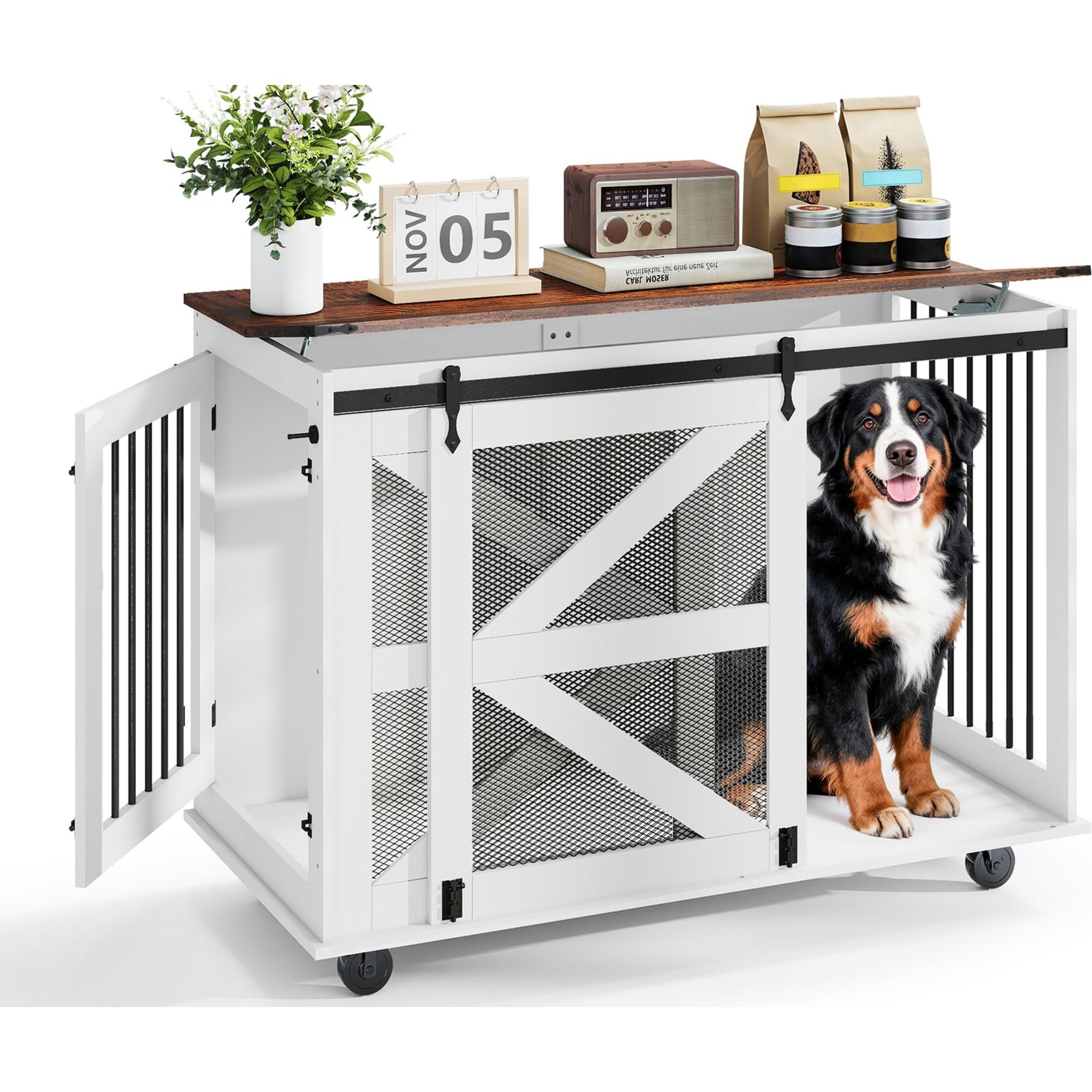 Yafylly Wooden Flip-Top Feeding Door Dog Crate Furniture with Wheels, White, Large: 47.2-in
