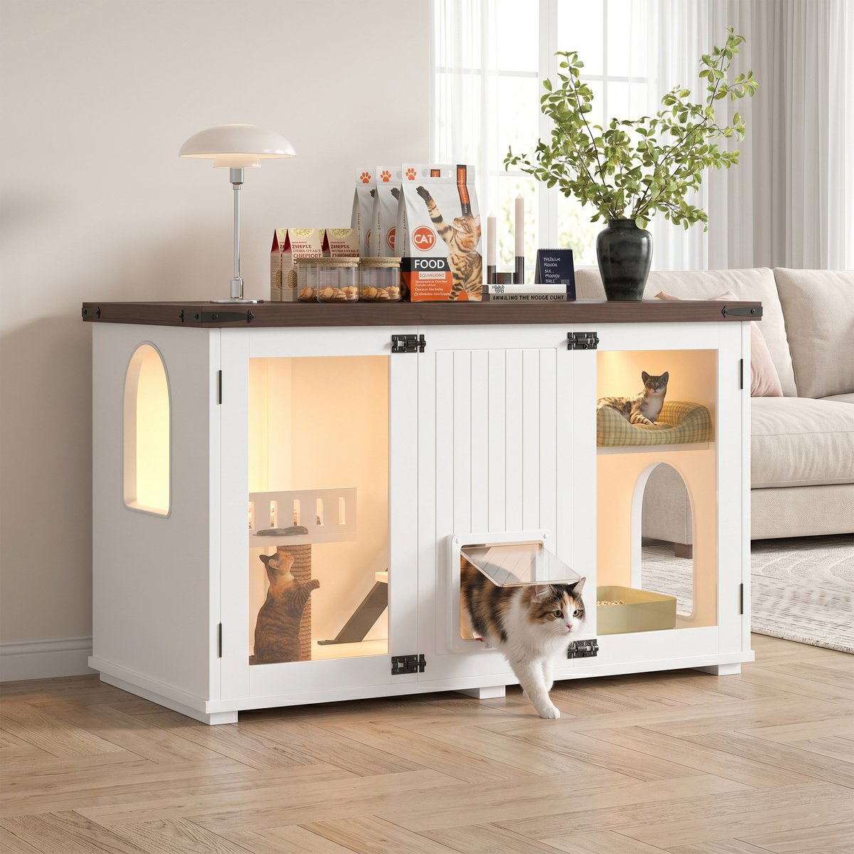 Yafylly 47.2-in LED Light Cat Litter Box Enclosure, White