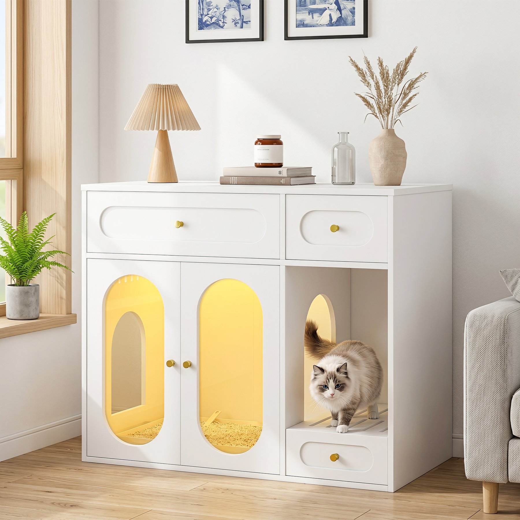 Yafylly Hidden Storage LED Light Cat Litter Box Enclosure, White