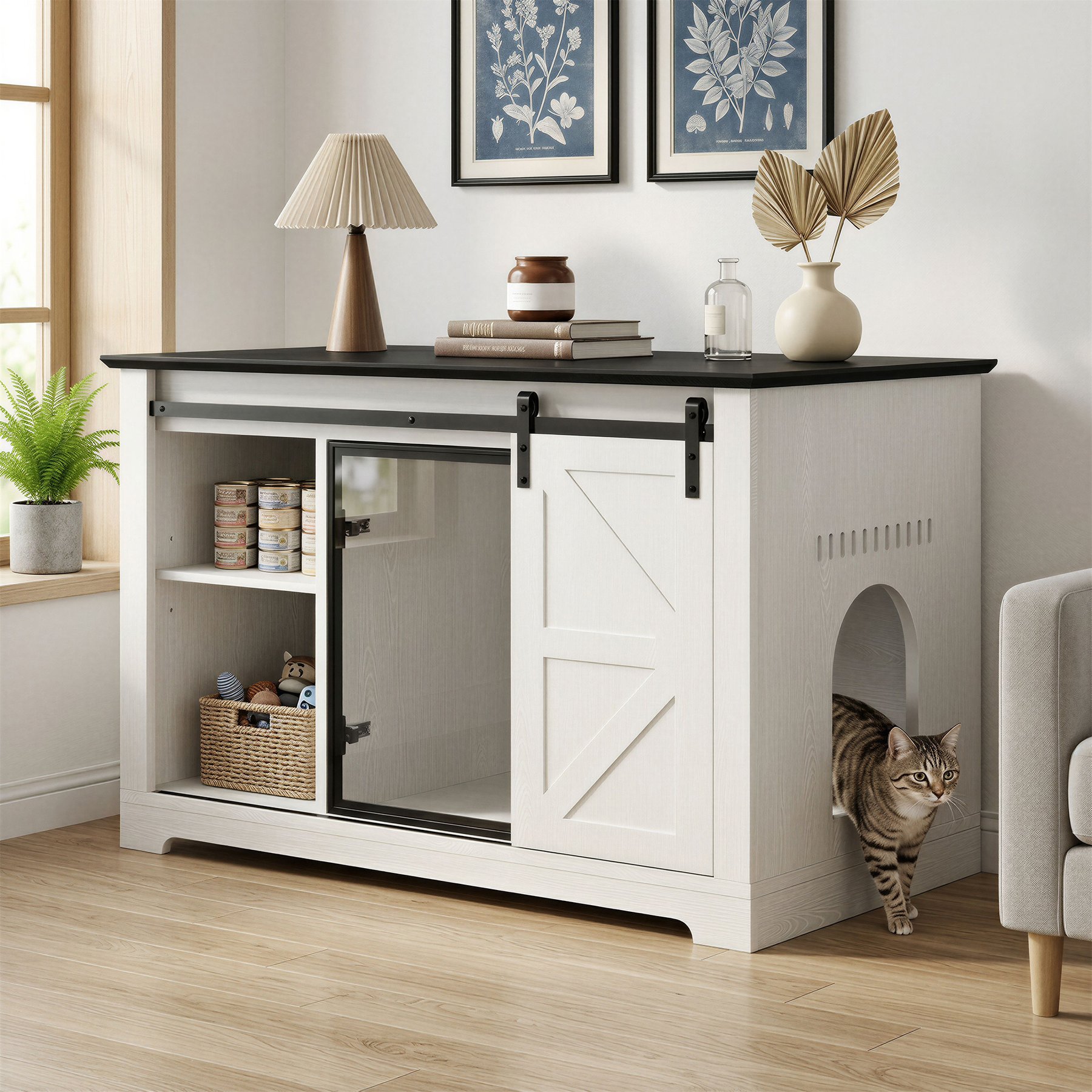 Yafylly 46-in Farmhouse Sliding Barn Door Cat Litter Box Enclosure, White