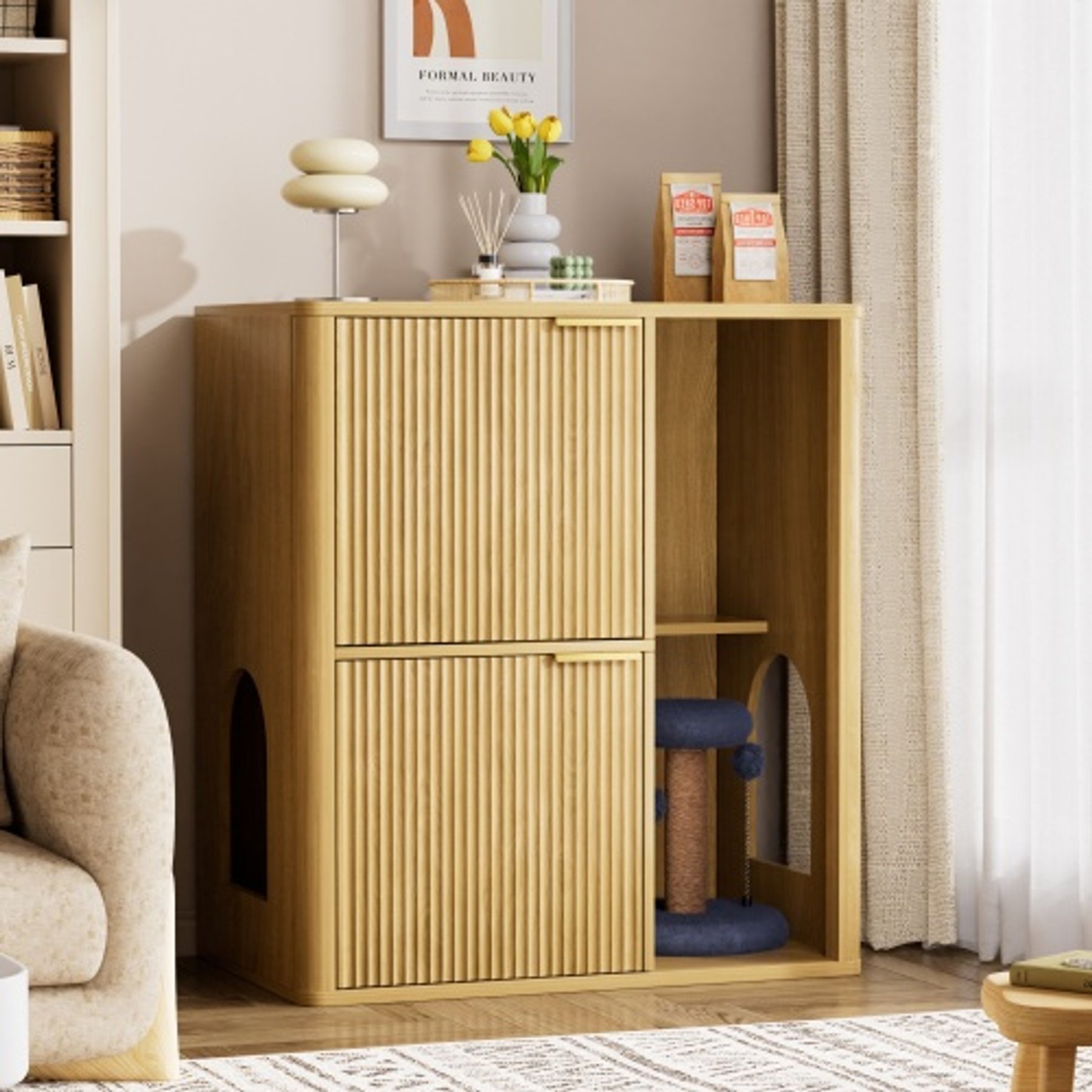 Tinyhomie Light Wood Grooved Concealed Litter Cabinet Furniture Dual Doors & Storage Shelves 31.5-in Modern Cat Tree, Yellow