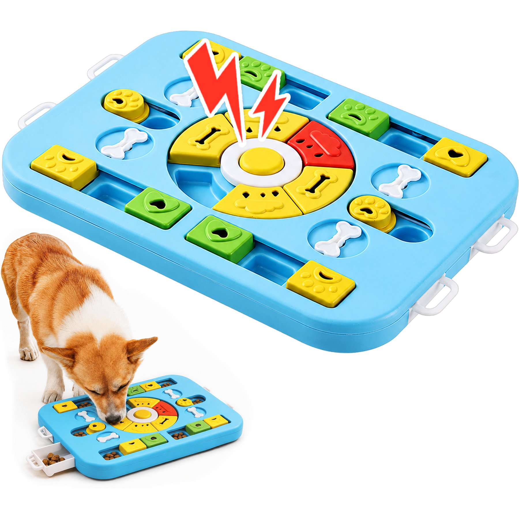 Potaroma 8-in-1 Interactive Puzzle with Squeaker Slow Feeder Bowl Training Treat Dispensing Dog & Cat Toy, Blue