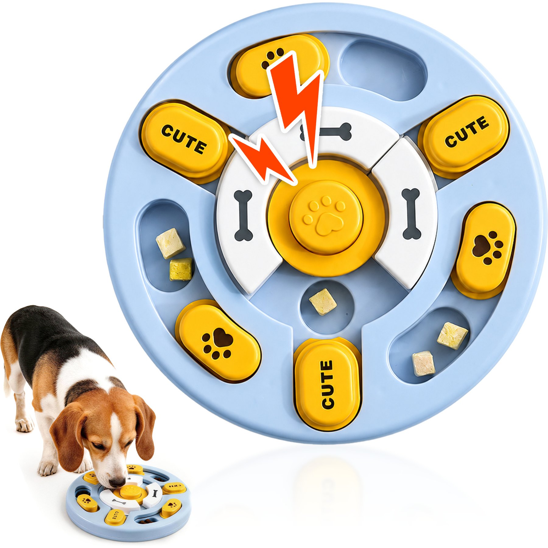 Potaroma Interactive Food Puzzle Slow Feeder Bowl Training Treat Dispensing Dog & Cat Toy with Squeaker, Blue/Yellow