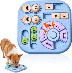 Potaroma Interactive Treat Puzzle with Squeaker Slow Feeder Bowl Training Treat Dispensing Dog & Cat Toy, Blue/Beige