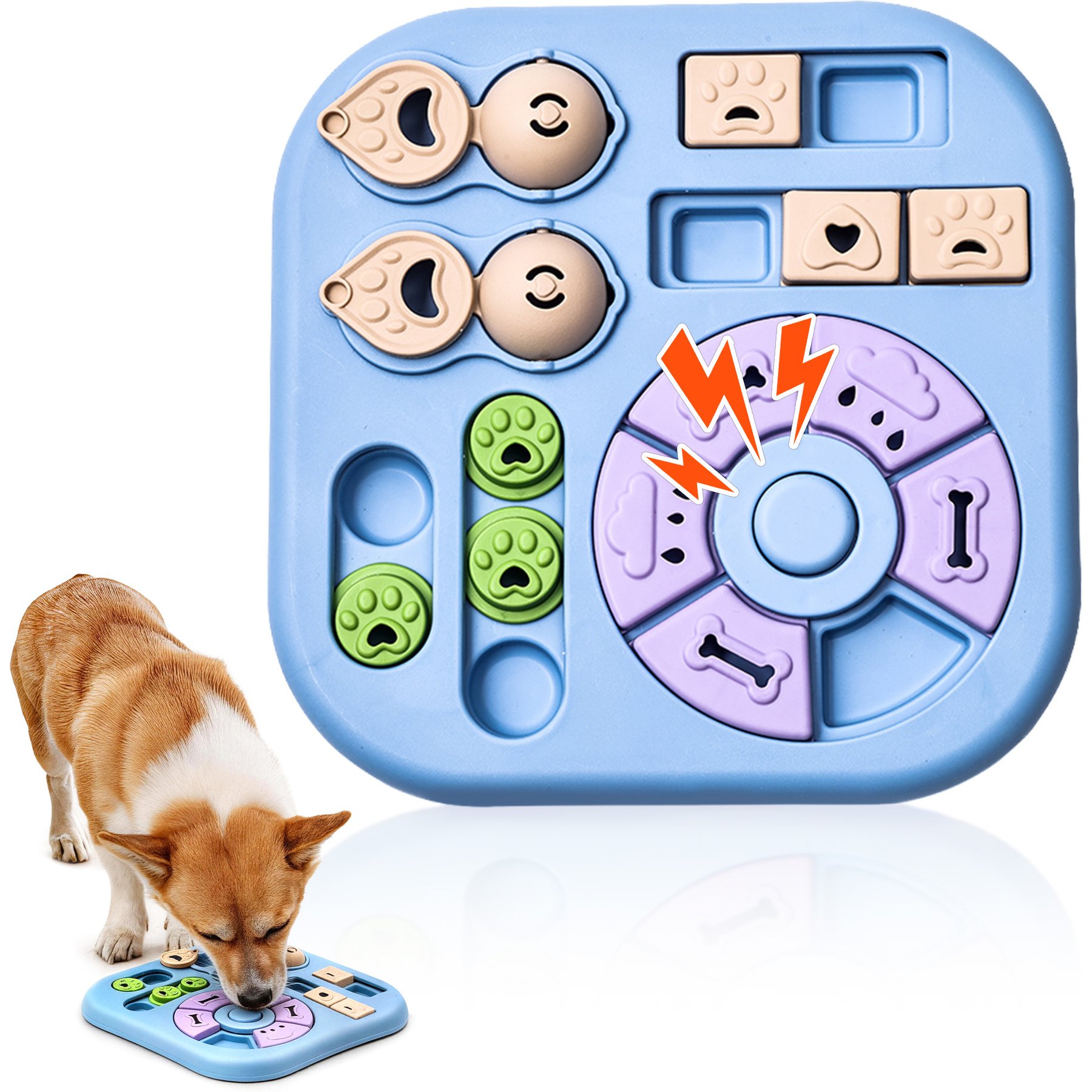 Potaroma Interactive Treat Puzzle with Squeaker Slow Feeder Bowl Training Treat Dispensing Dog & Cat Toy, Blue/Beige
