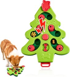 Potaroma Interactive Christmas Tree Shape Puzzle Enrichment Slow Feeder Training Treat Dispensing Dog Toy with Squeaker, Green
