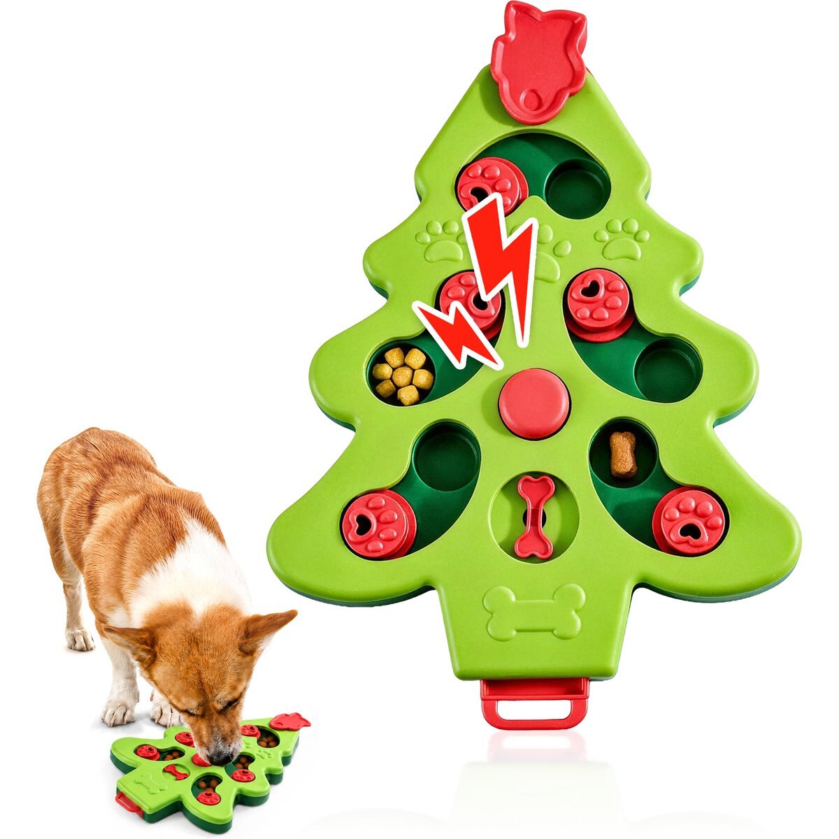 Potaroma Interactive Christmas Tree Shape Puzzle Enrichment Slow Feeder Training Treat Dispensing Dog Toy with Squeaker, Green