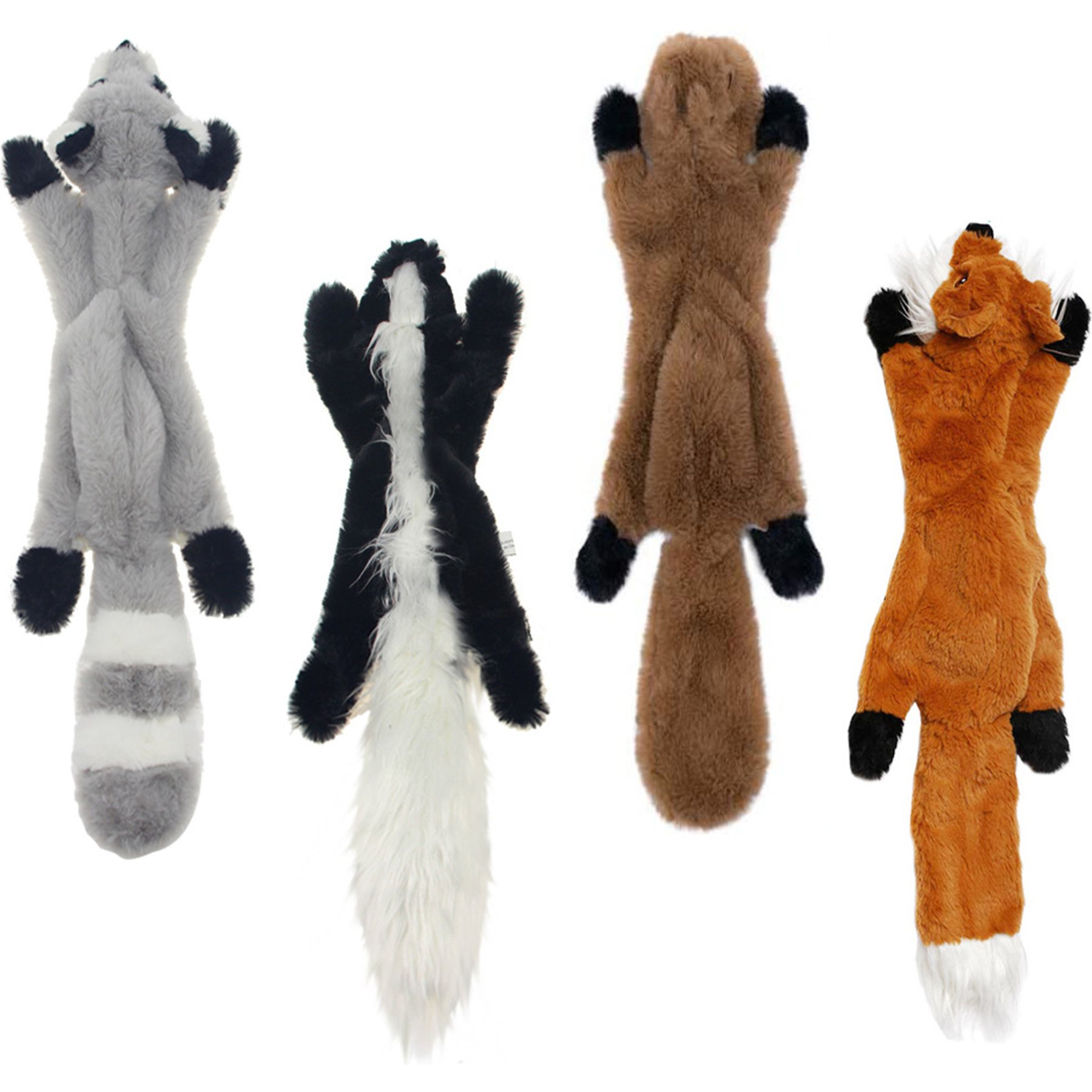 Potaroma Interactive Realistic Faux Fur Stuffing-Free Raccoon, Squirrel, Skun & Fox Squeaky Plush Dog Toy, Multicolor, 4 count