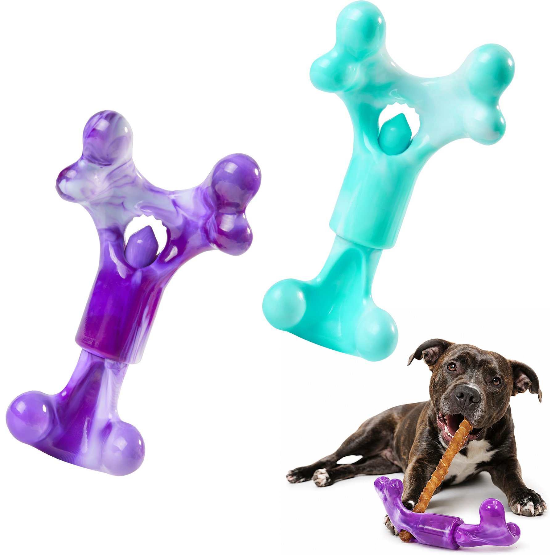 Potaroma Nylon Rotating Treat-Holding Bones Bacon Flavor Exercise Chew Dog Toy, Purple/Blue, 2 count