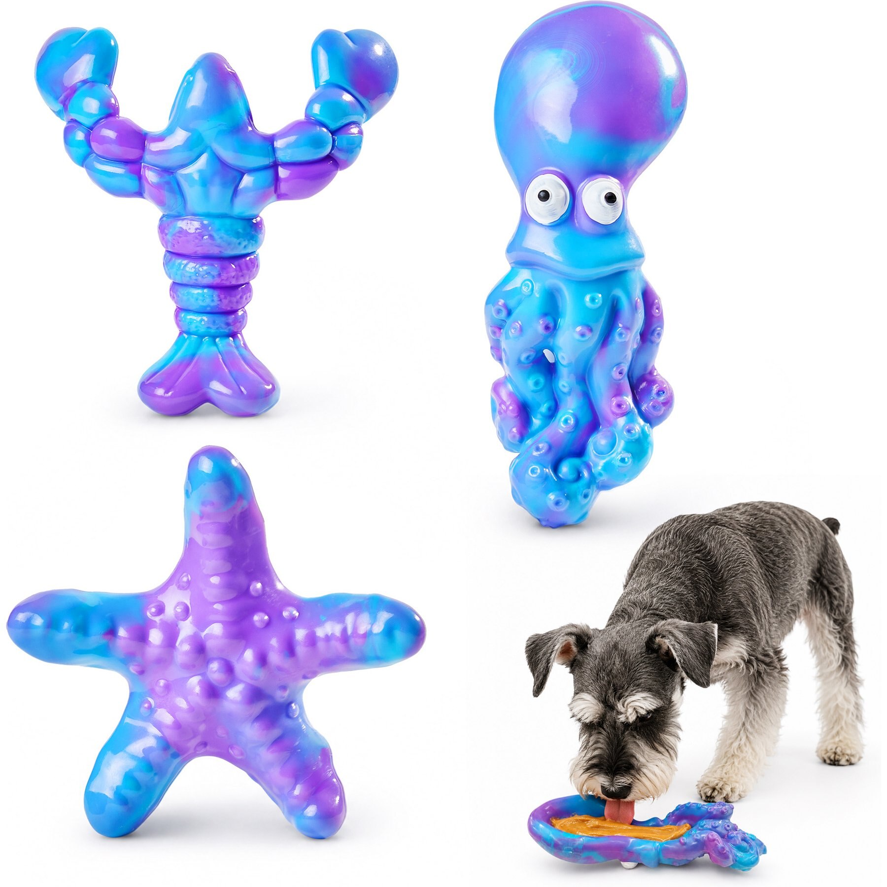 Potaroma Nylon Octopus, Starfish & Lobster Shapes, Ocean Series Bacon Flavor Exercise Chew Dog Toy, Blue, 3 count