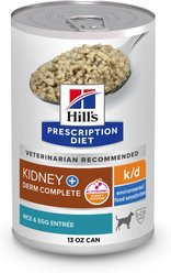 Hill's Prescription Diet Veterinary Diet k/d + Derm Complete Rice & Egg Entree Adult Flavor Variety Wet Dog Food, 13-oz can, case of 12