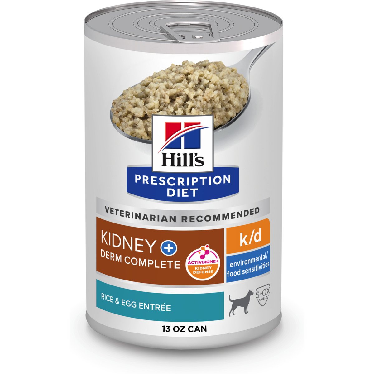 Hill's Prescription Diet Veterinary Diet k/d + Derm Complete Rice & Egg Entree Adult Flavor Variety Wet Dog Food, 13-oz can, case of 12
