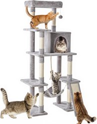 Bencmate Multi Story Climbing Tower Sisal Scratching Posts 62.6-in Polyester with Hanging Toy Cat Tree, Grey