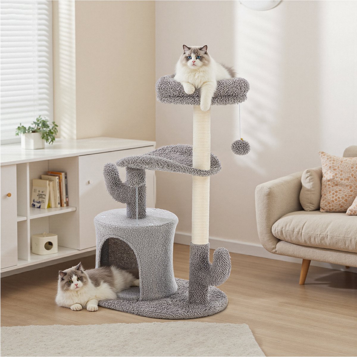 Bencmate Cactus Shaped Activity Tower Scratching Post 33-in Polyester with Hanging Toy Cat Tree, Grey