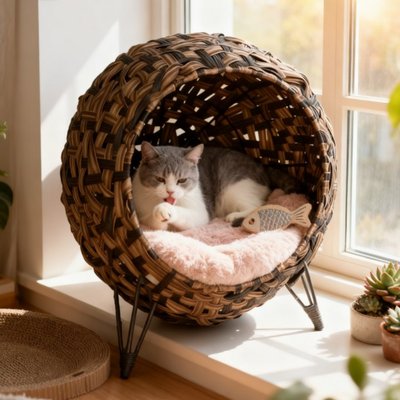 Bencmate Bencmate Hand Woven House Condo with Cushion Weaved Sphere Shaped Cave Novelty Elevated Cat Bed, Brown, Medium