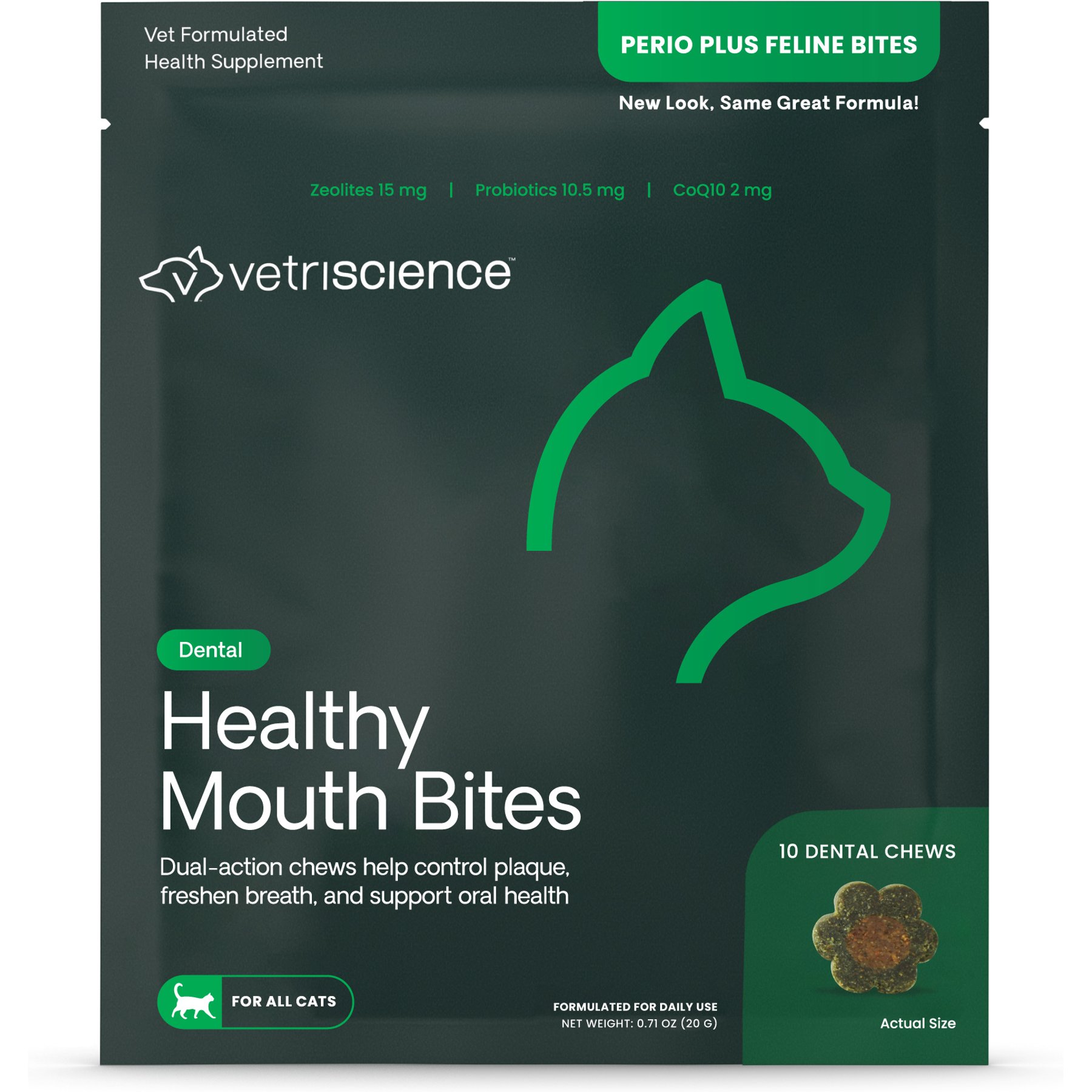 VetriScience Perio Plus Chicken Flavored Chews Probiotic Breath & Plaque Control Sticks for Cats, 10 count pouch