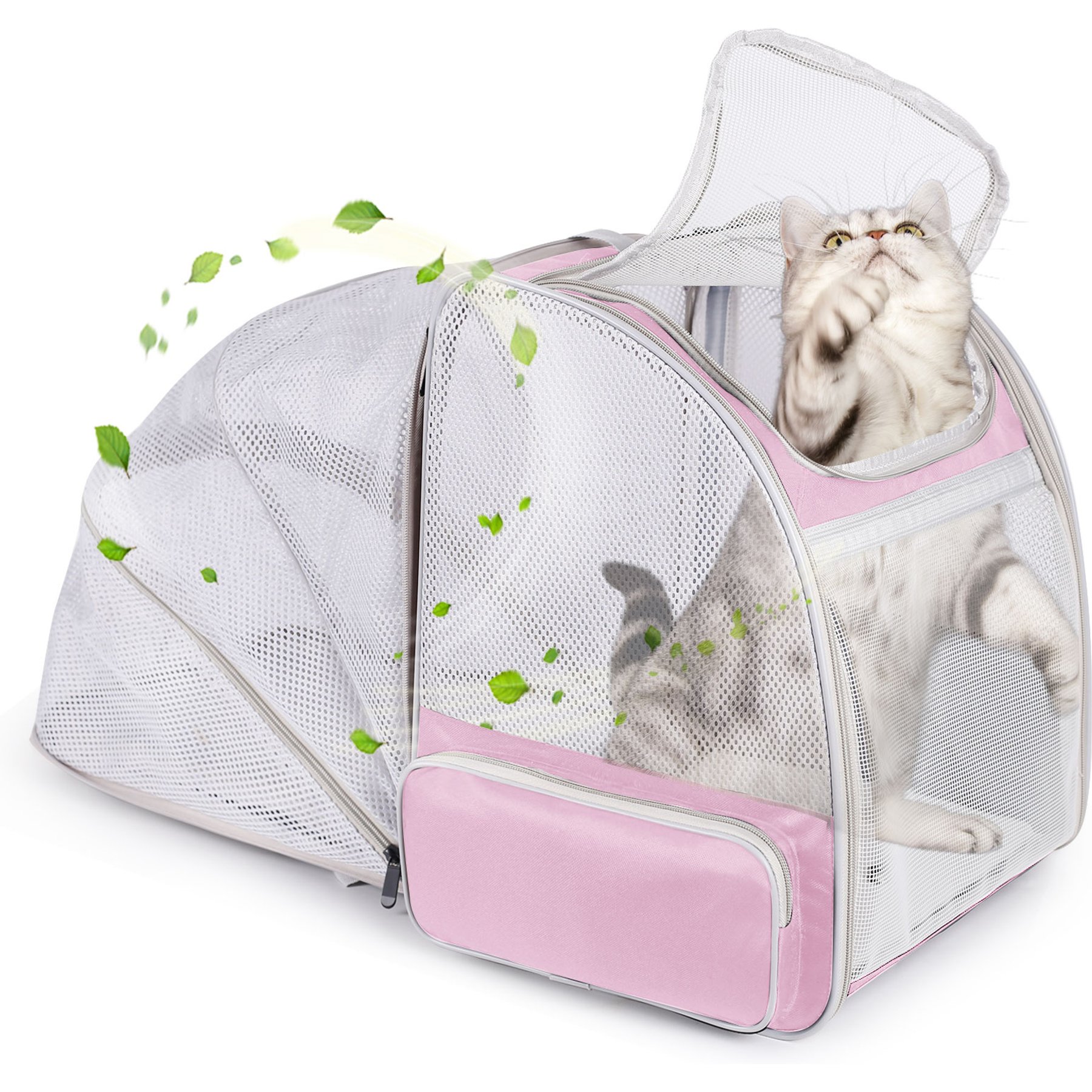 LAIRIES Curved Back Expandable Collapsible Backpack Dog & Cat Carrier, Pink