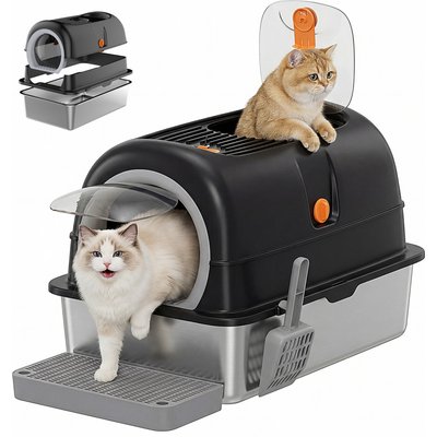 Bencmate Bencmate Double-Entry Convertible Lid Cat Litter Box, Black