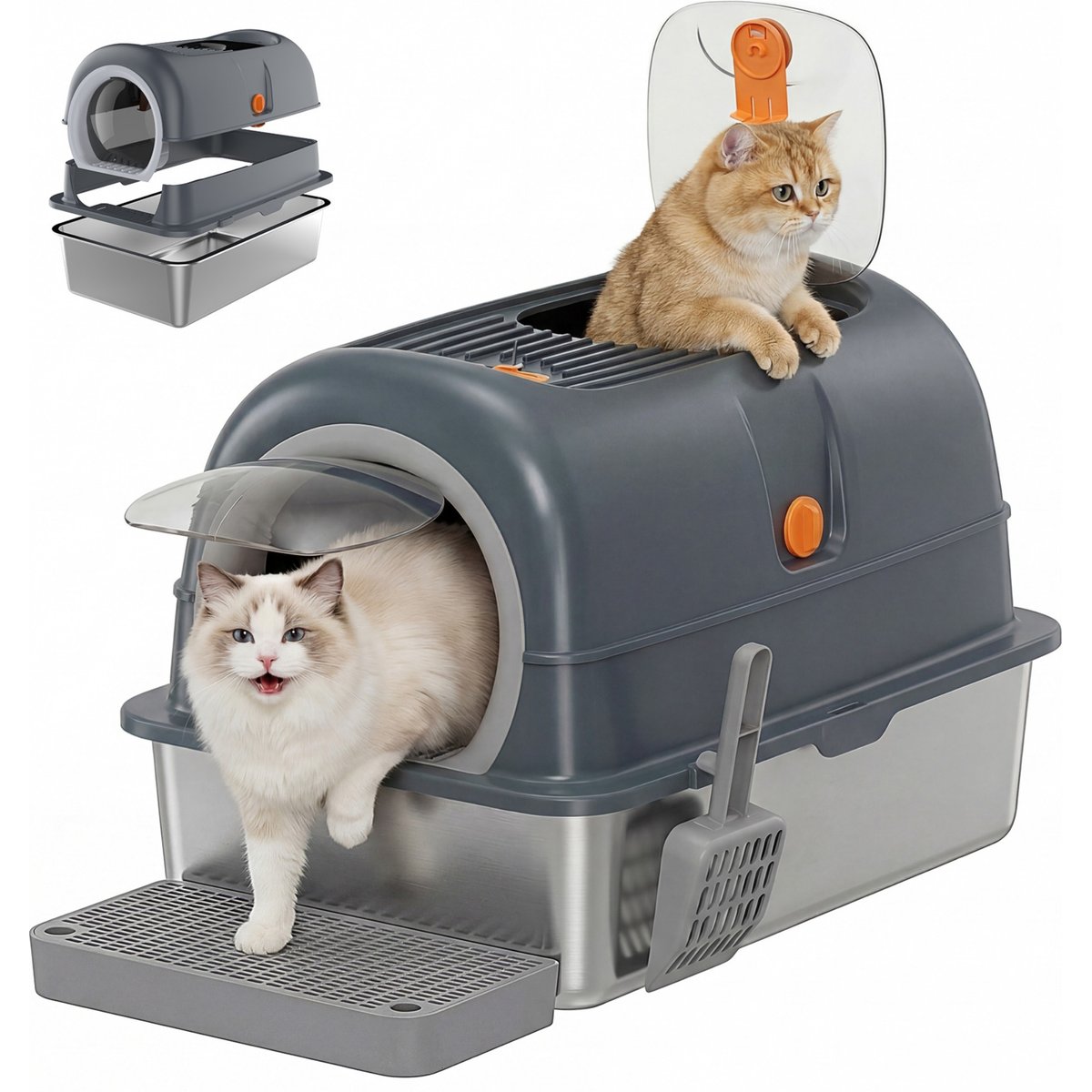 Bencmate Double-Entry Convertible Lid Cat Litter Box, Grey
