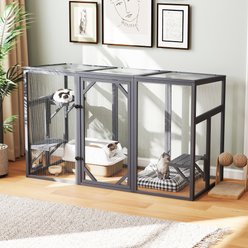 Bencmate Outdoor Wooden Locking Cat Crate, Patio Cage with 3-Platform & Sun Sheet Roof, Grey, Large: 31.5 x 44.29 x 44.29-in