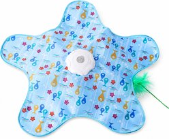 Potaroma Automatic Rechargeable Interactive Motion Activated Star Shaped Blues Fish Pattern Hide & Seek Enrichment Chasers Cat Toy with Feather Wand, Multicolor
