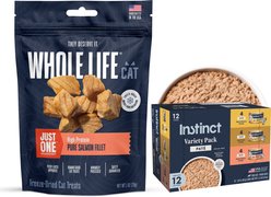 Whole Life Just One Ingredient Pure Salmon Fillet Freeze-Dried Cat Treats, 1-oz bag + Instinct Original Grain-Free Pate Recipe Variety Pack Wet Canned Cat Food, 3-oz, case of 12