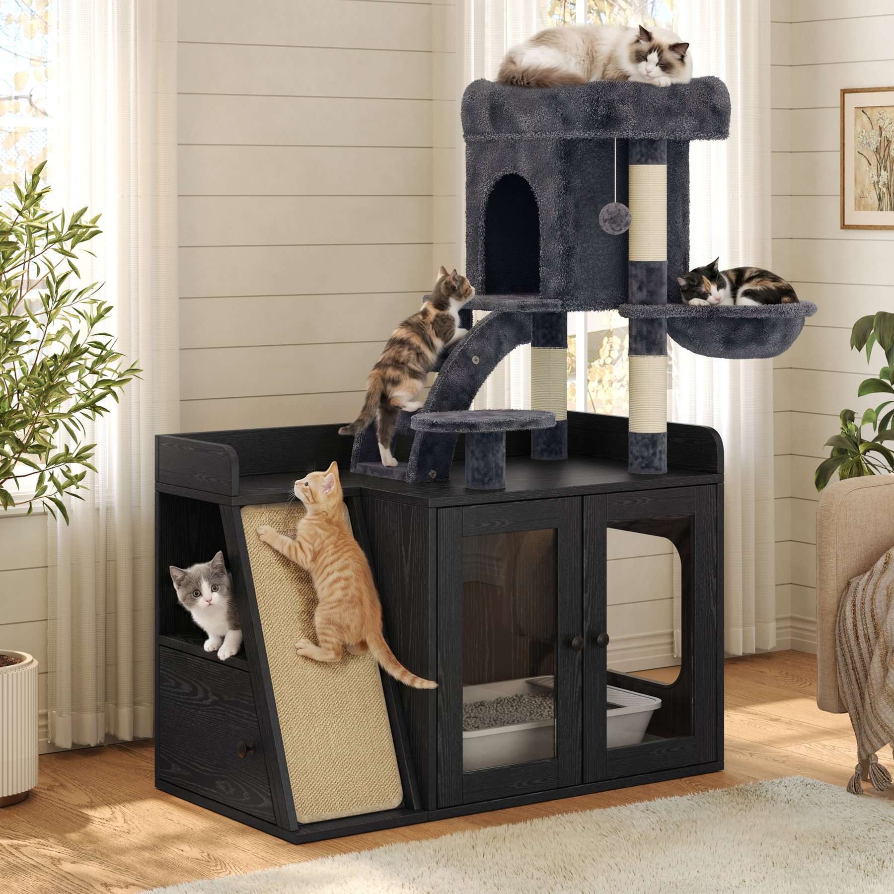 W-Jopns 48-in Litter Box Enclosure LED Light Cat Tree, Black