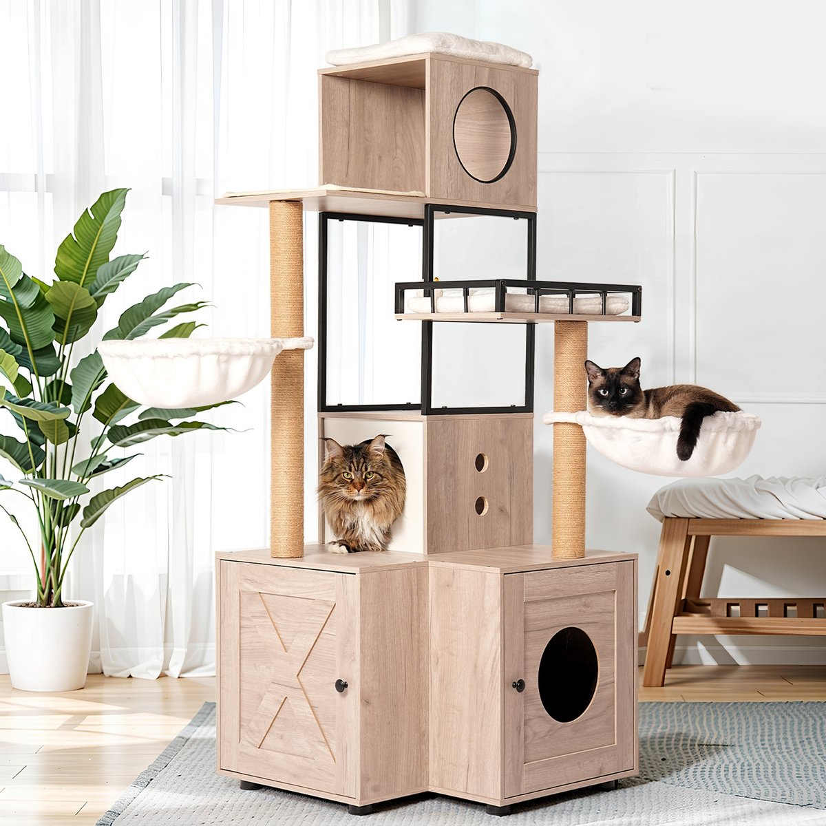 W-Jopns 63-in Multi-Functional Litter Box & Cat Tree, Rustic Gray