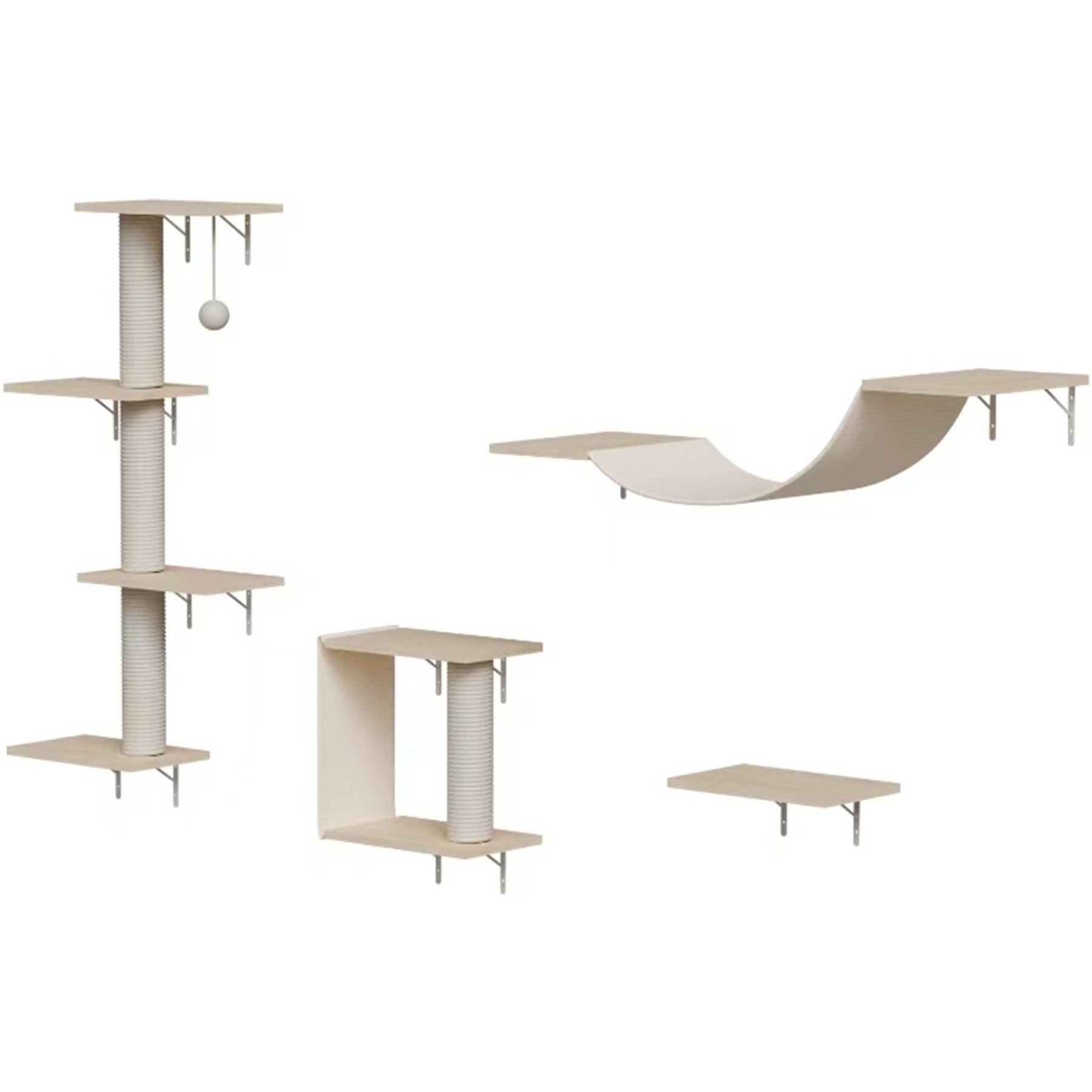 W-Jopns 4-Piece Modern Wall-Mounted Cat Furniture, Natural Wood